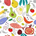 Seamless pattern of vegetarian diet food, healthy lifestyle. Vector eggplant, carrots, peppers, apples, champignon mushrooms, fish Royalty Free Stock Photo